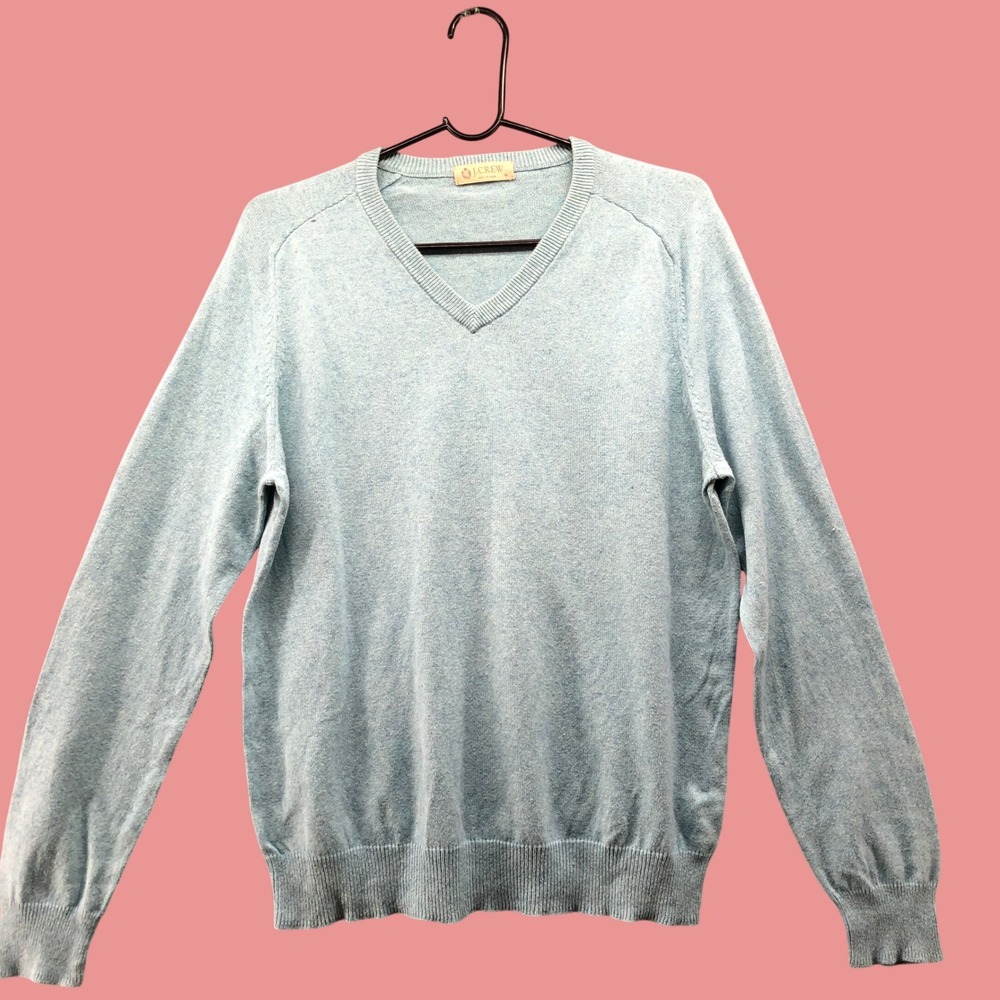 J. Crew Baby Blue Cotton Cashmere Sweater Mens M V-Neck Pullover Lightweight